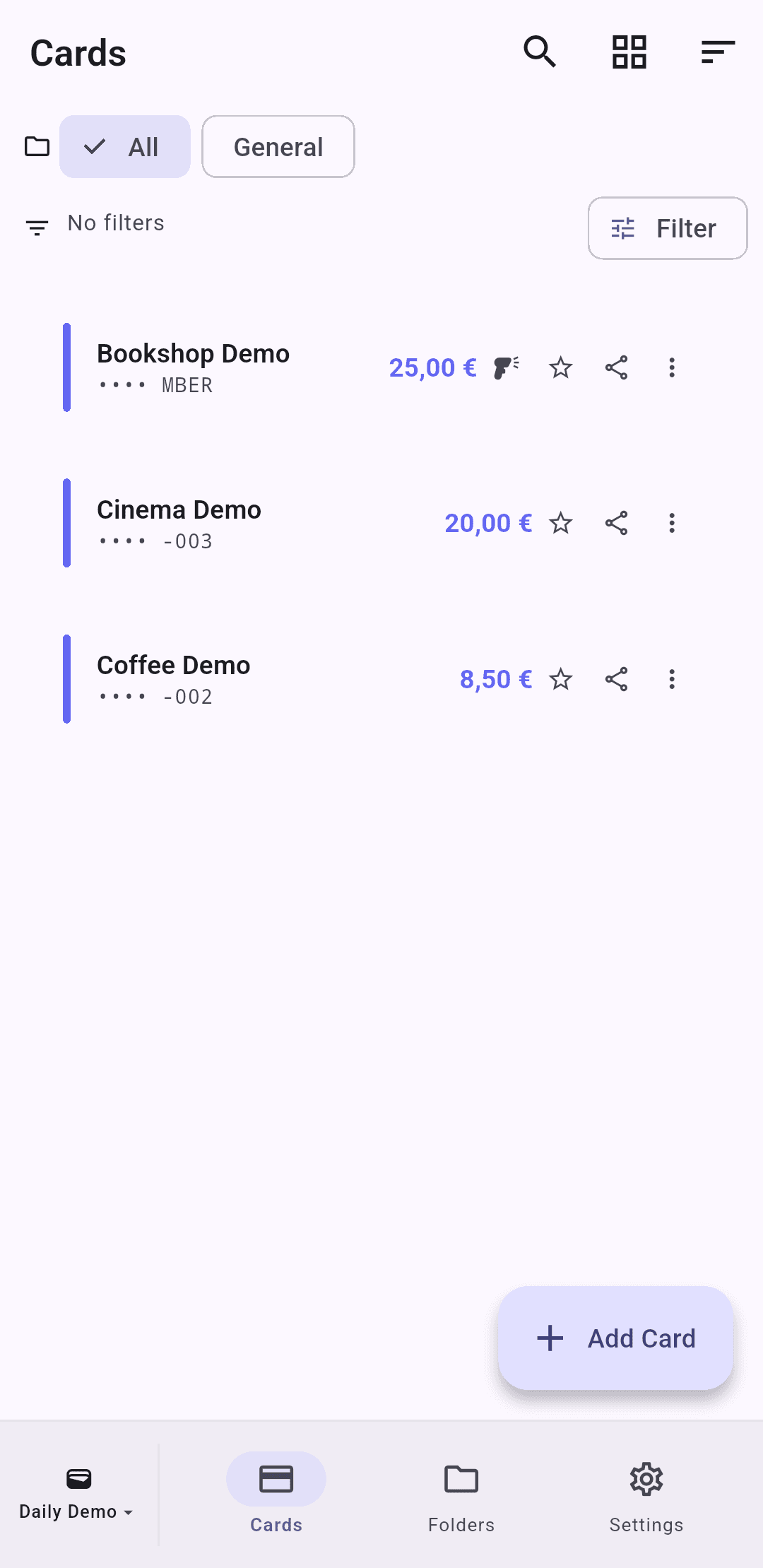 Giftale wallet in English showing three sample gift cards and their balances.